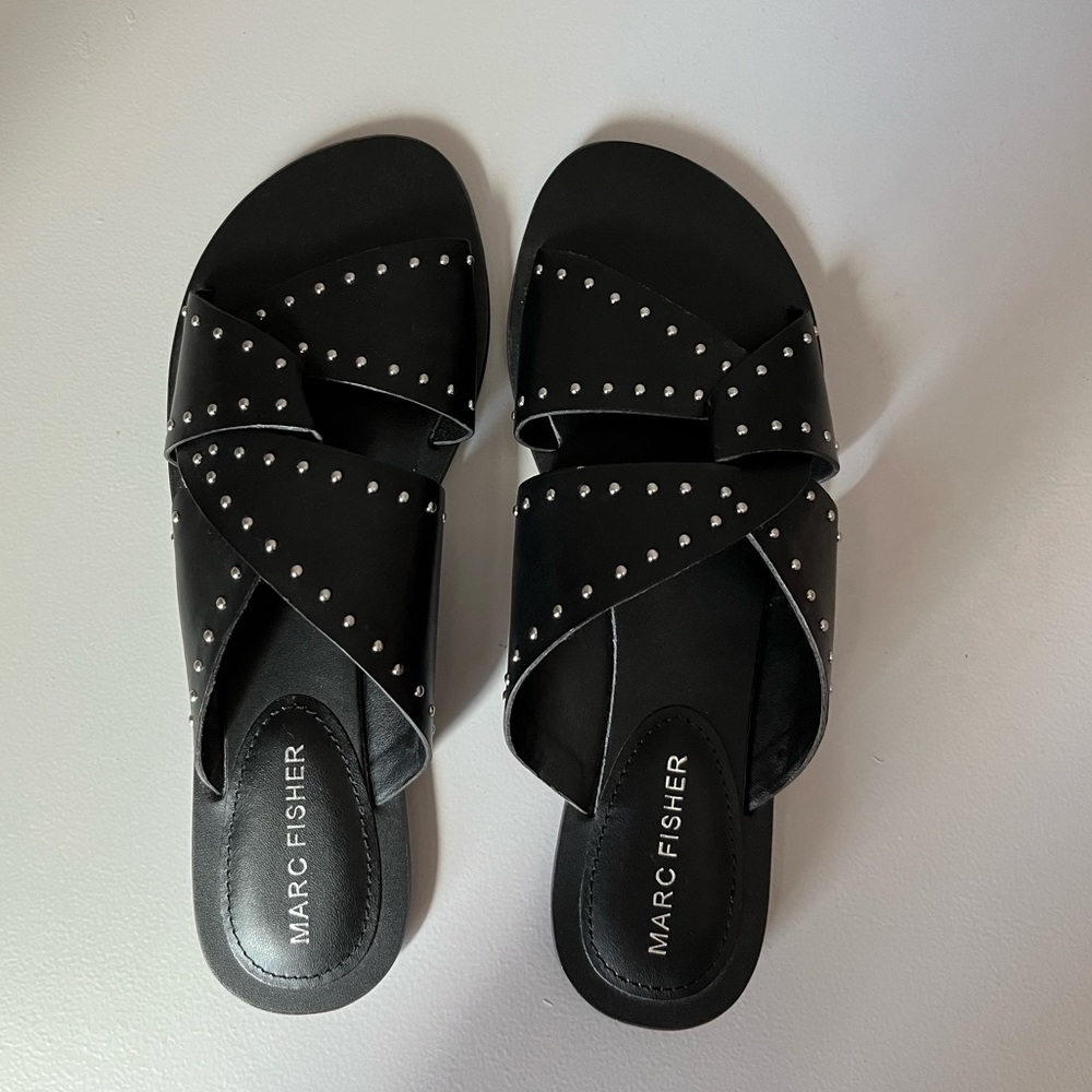 NWT Marc Fisher Black Studded Flat Sandals